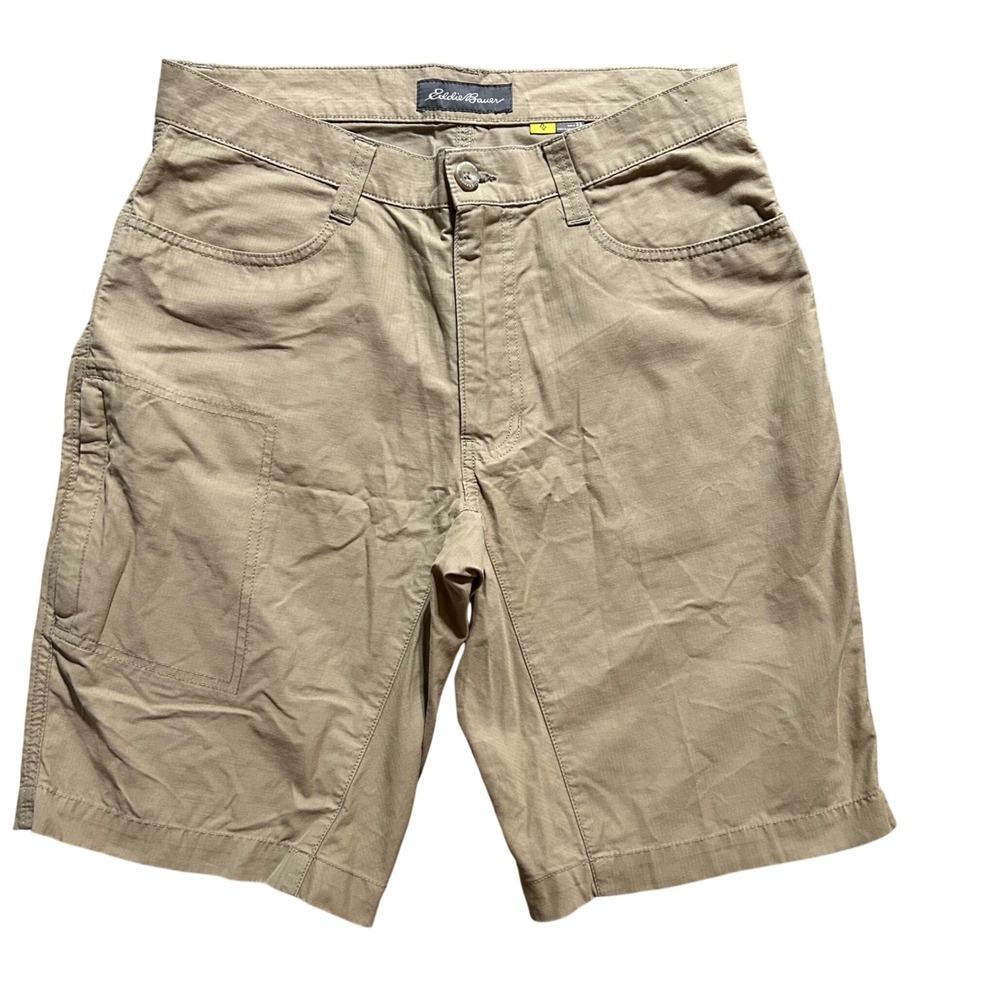 Eddie Bauer Travex Shorts Mens 33 (Fits 32) Khaki Tan Herringbone Cotton Nylon